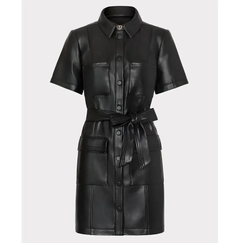 Milly Haven Black Vegan Leather Mini Shirt Dress Size 2 NWT Glamoratti Office